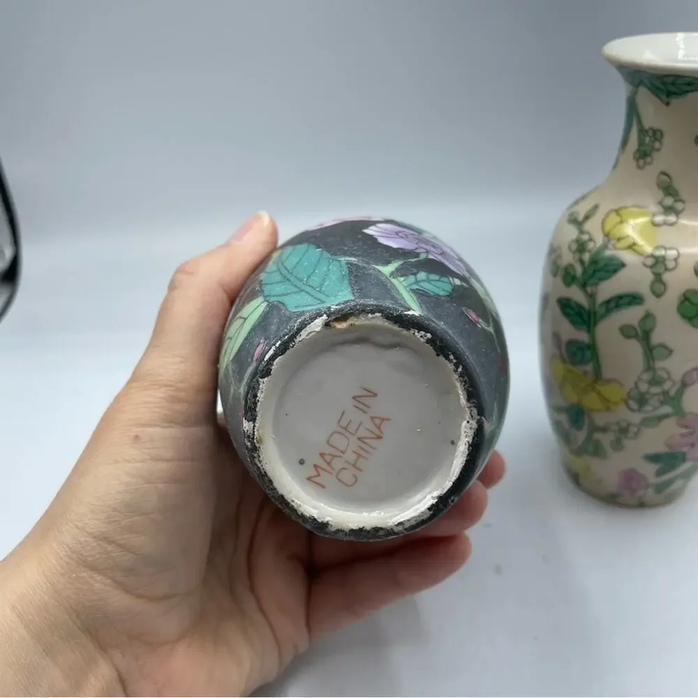 Vintage Mini Vase Set Black & White Floral Made in China